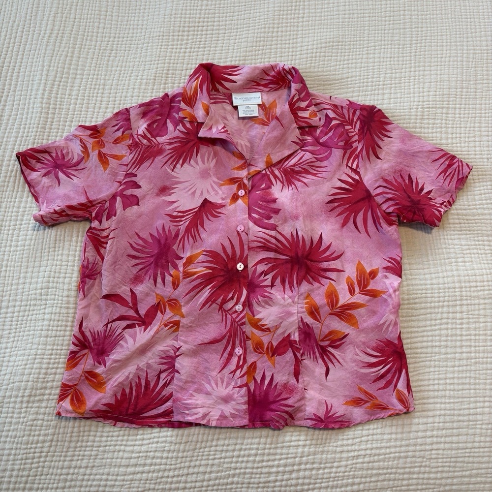 Vintage‎ Liz Claiborne Shirt 100% Silk Tropical Blouse Women's Sz 10 Petite Pink